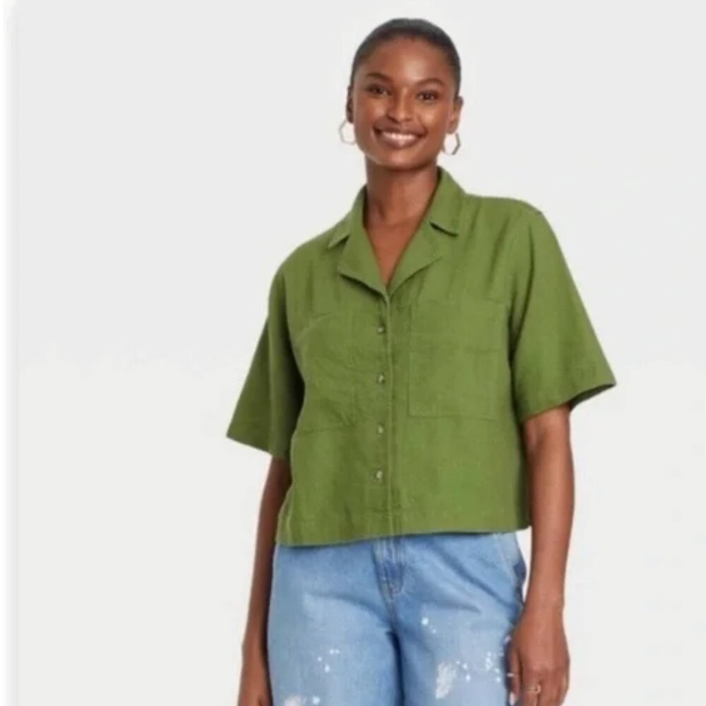 Universal Threads Hunter Green Linen Blend Button Down Shirt, Size Small